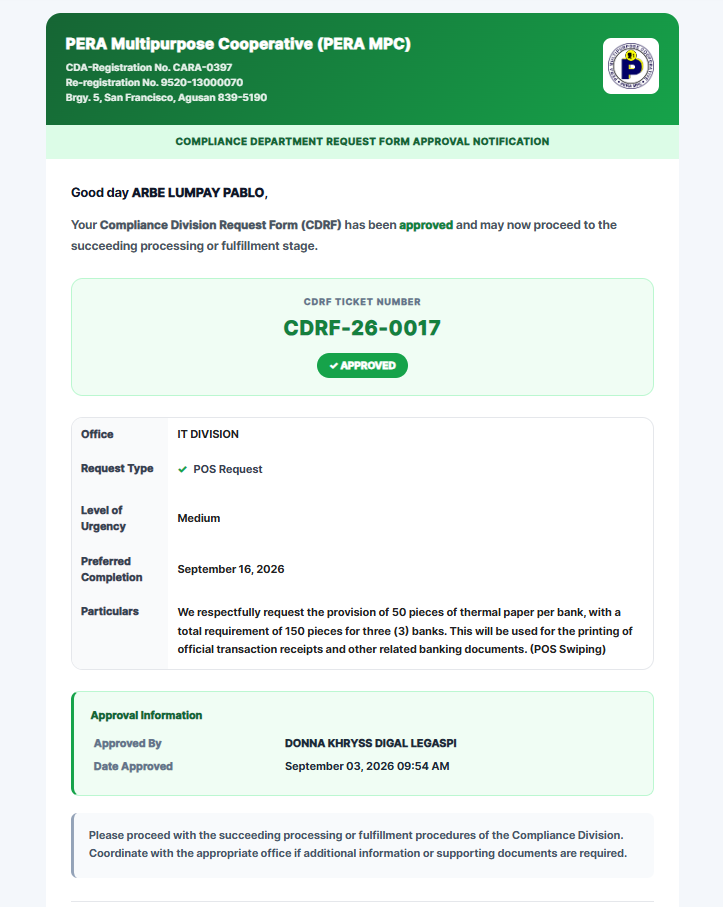 CDRF approval email notification