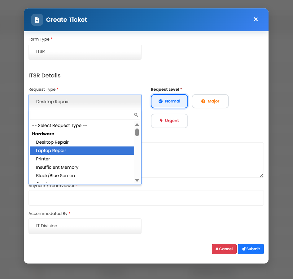 Step 3 - Complete all required information and select the correct request type